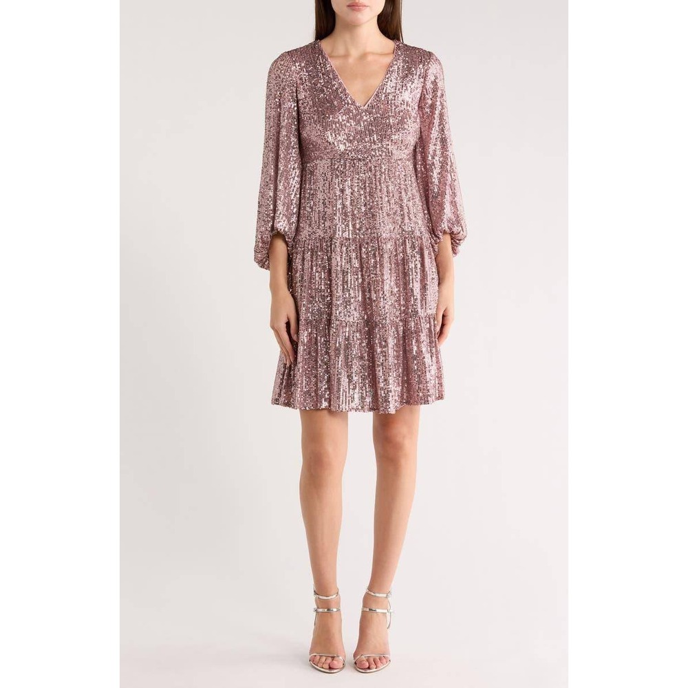 Eliza J Sequin Dress Womens 6 Mauve Pink Puff Sleeve V Neck Mini NWT